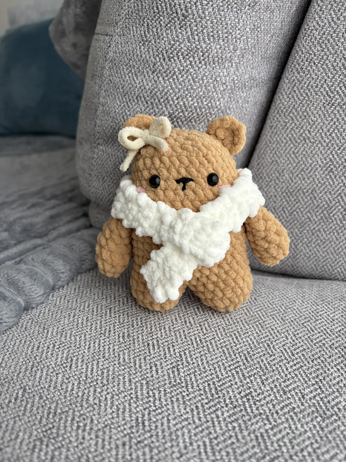 brown winter bear with fluffy white scarf — image 3 of 6
