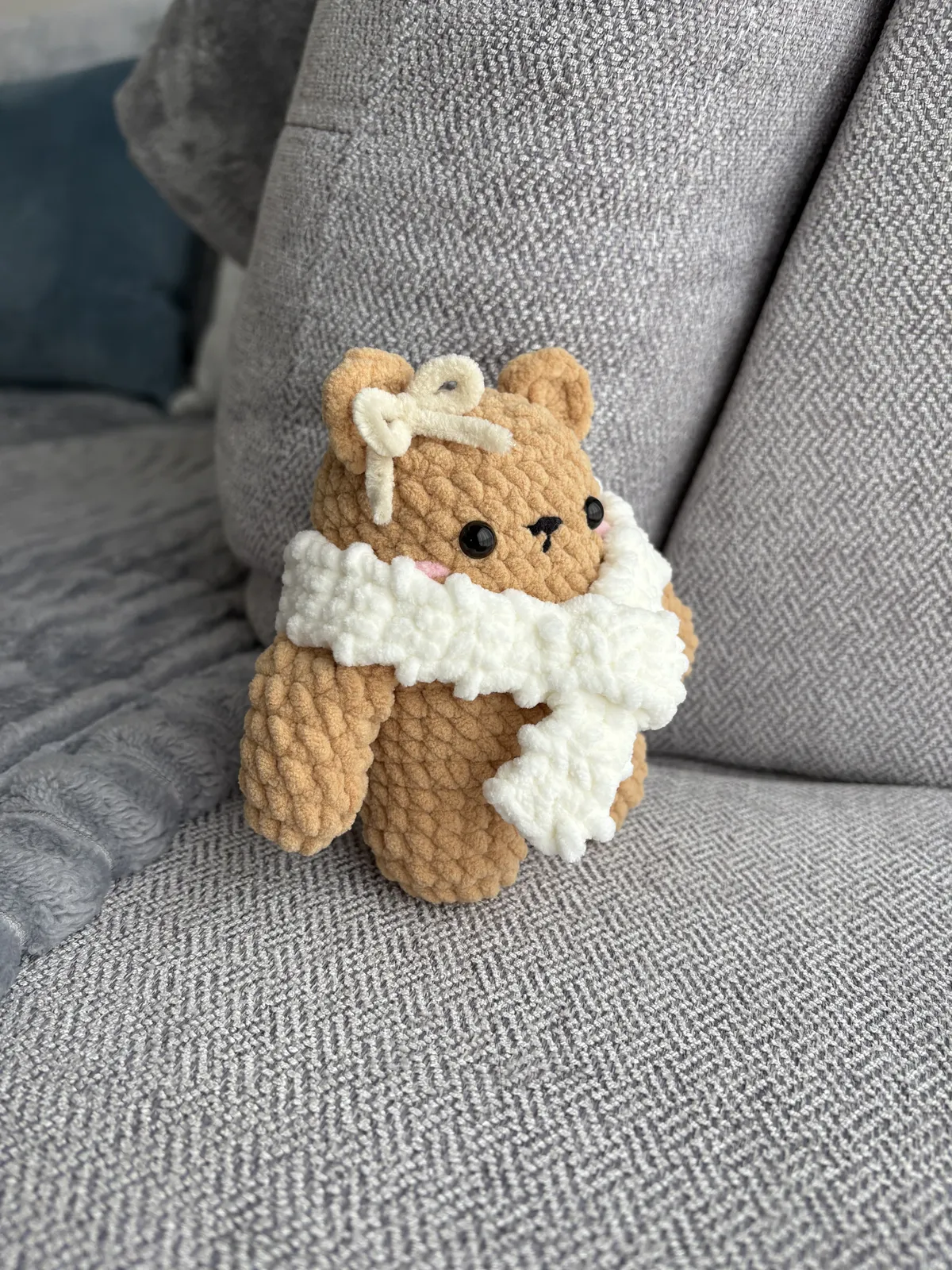 brown winter bear with fluffy white scarf — image 4 of 6