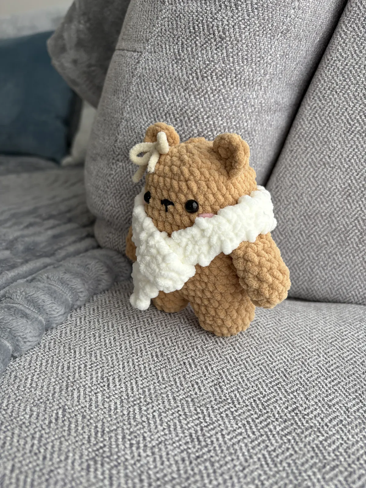 brown winter bear with fluffy white scarf — image 5 of 6