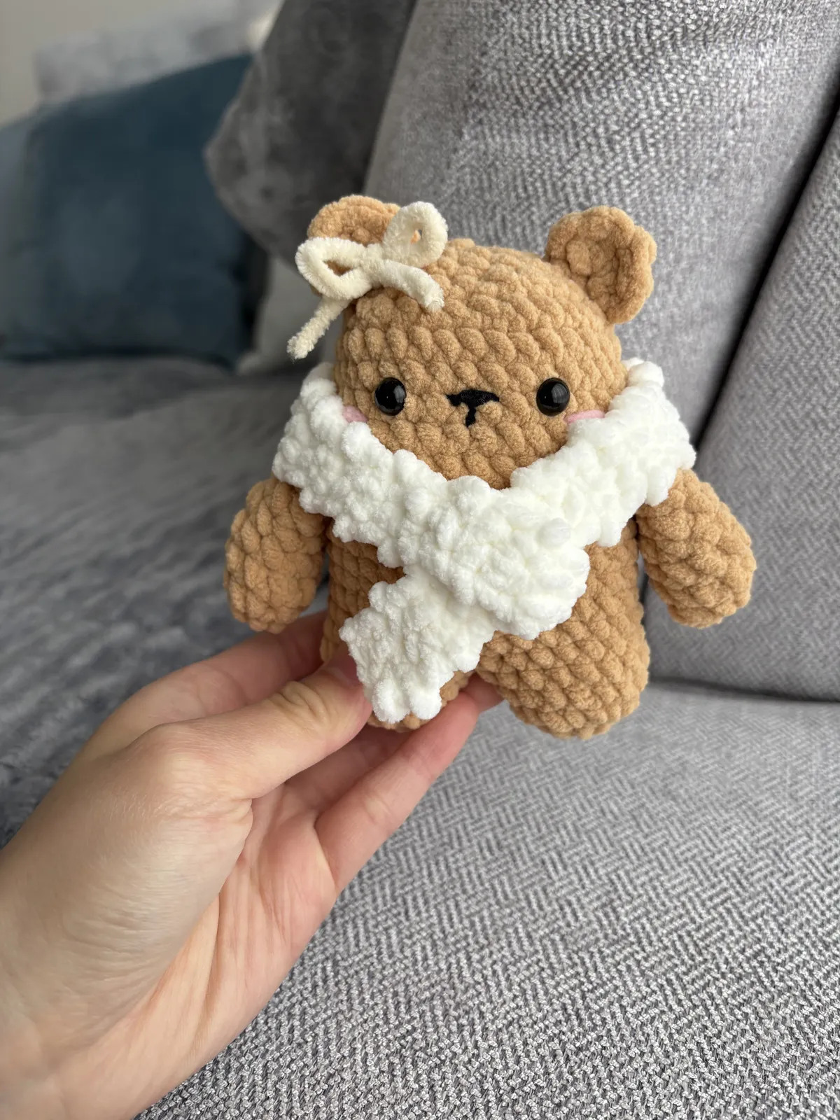 brown winter bear with fluffy white scarf — image 6 of 6
