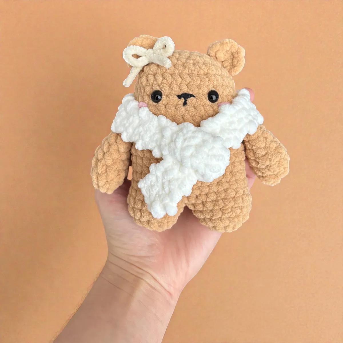 brown winter bear with fluffy white scarf — image 1 of 6