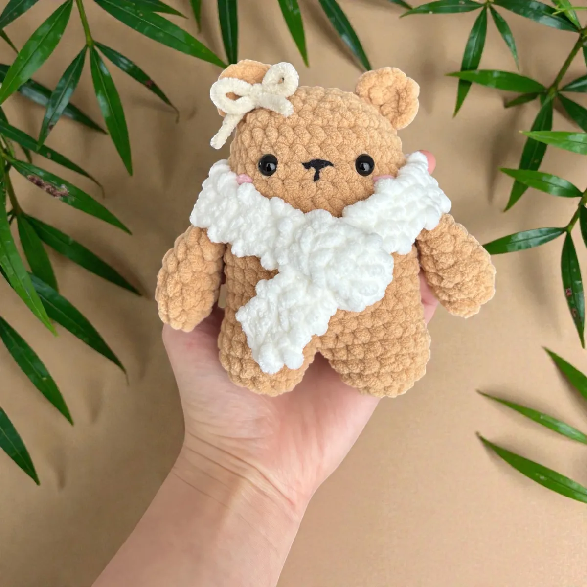 brown winter bear with fluffy white scarf — image 2 of 6